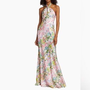 NWT ML Monique Lhuillier Rose Satin Halter Dress, Size 2